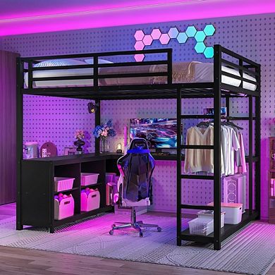 Aoolive Metal Loft Bed with Wardrobe and L-shaped Desk,Queen Size Loft Bed with Cubes and Shelves