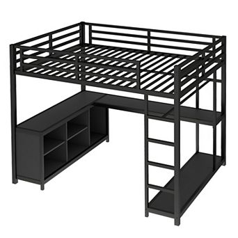 Aoolive Metal Loft Bed with Wardrobe and L-shaped Desk,Queen Size Loft Bed with Cubes and Shelves