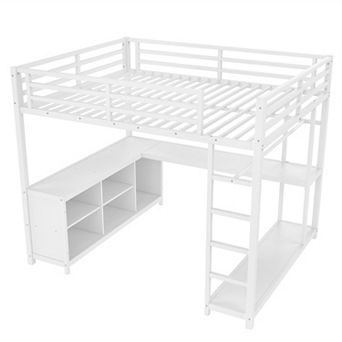 Aoolive Metal Loft Bed with Wardrobe and L-shaped Desk,Queen Size Loft Bed with Cubes and Shelves