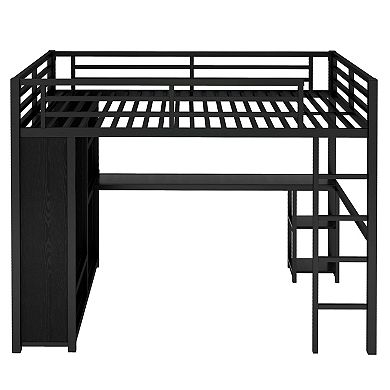 Aoolive Queen Size Loft Bed with Built-in Wardrobe,Metal Loft Bed with Desk and Storage Shelves