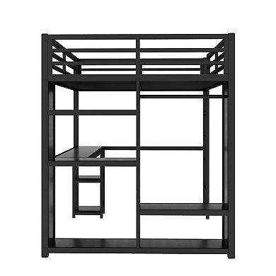 Aoolive Queen Size Loft Bed with Built-in Wardrobe,Metal Loft Bed with Desk and Storage Shelves