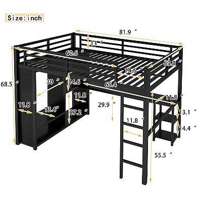 Aoolive Queen Size Loft Bed with Built-in Wardrobe,Metal Loft Bed with Desk and Storage Shelves