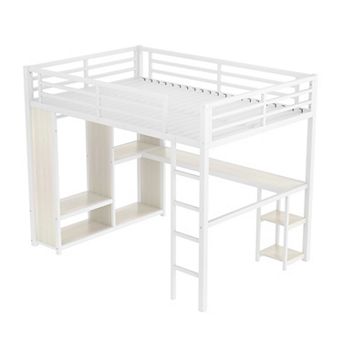 Aoolive Queen Size Loft Bed with Built-in Wardrobe,Metal Loft Bed with Desk and Storage Shelves