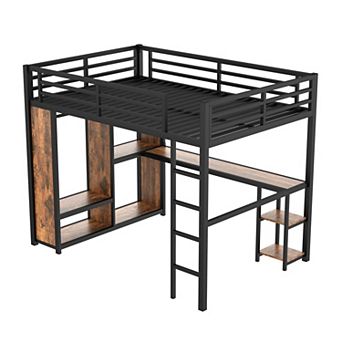 Aoolive Queen Size Loft Bed with Built-in Wardrobe,Metal Loft Bed with Desk and Storage Shelves
