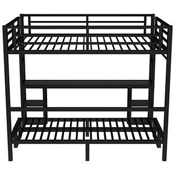 Aoolive Queen Over Twin XL Metal Bunk Bed with Desk,Multiple Uses Folds into Sofa with LED and USB