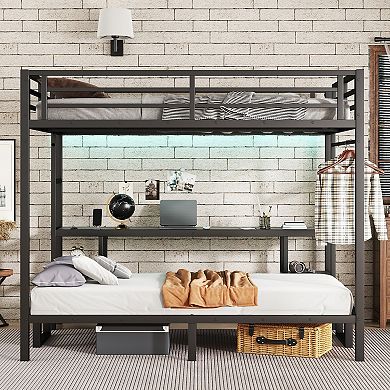 Aoolive Queen Over Twin XL Metal Bunk Bed with Desk,Multiple Uses Folds into Sofa with LED and USB