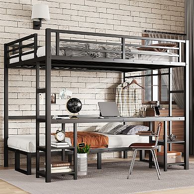 Aoolive Queen Over Twin XL Metal Bunk Bed with Desk,Multiple Uses Folds into Sofa with LED and USB