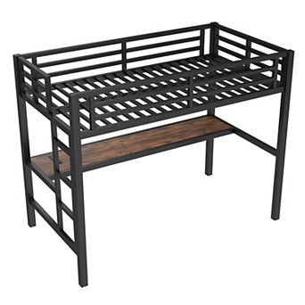 Aoolive Metal Twin Size Loft Bed with Power Outlet and LED Lighted, Space-Saving, Noise Reduced
