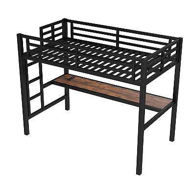 Aoolive Metal Twin Size Loft Bed with Power Outlet and LED Lighted, Space-Saving, Noise Reduced