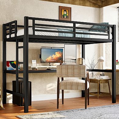 Aoolive Metal Twin Size Loft Bed with Power Outlet and LED Lighted, Space-Saving, Noise Reduced