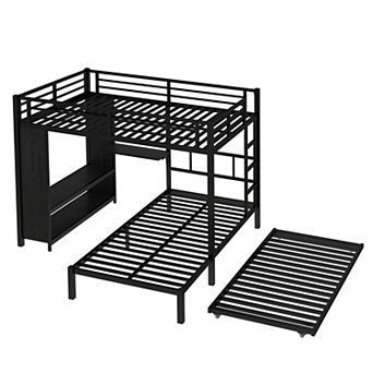 Aoolive Full over Twin Bunk Bed with Built-in Wardrobe, Metal Bunk Bed with Trundle, Foldable Desk