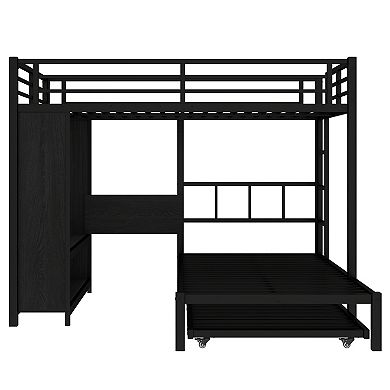 Aoolive Full over Twin Bunk Bed with Built-in Wardrobe, Metal Bunk Bed with Trundle, Foldable Desk