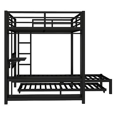 Aoolive Full over Twin Bunk Bed with Built-in Wardrobe, Metal Bunk Bed with Trundle, Foldable Desk