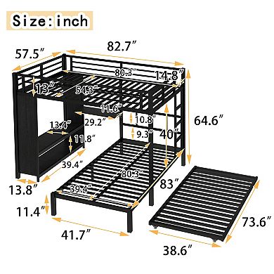 Aoolive Full over Twin Bunk Bed with Built-in Wardrobe, Metal Bunk Bed with Trundle, Foldable Desk