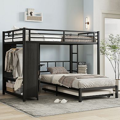 Aoolive Full over Twin Bunk Bed with Built-in Wardrobe, Metal Bunk Bed with Trundle, Foldable Desk