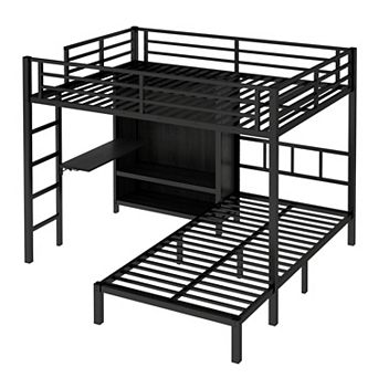Aoolive Full XL Over Twin Metal Bunk Bed with Folding Desk,Closet with LED,Space-Saving