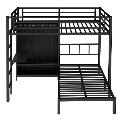 Aoolive Full XL Over Twin Metal Bunk Bed with Folding Desk,Closet with LED,Space-Saving