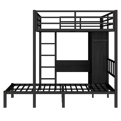 Aoolive Full XL Over Twin Metal Bunk Bed with Folding Desk,Closet with LED,Space-Saving