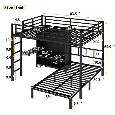 Aoolive Full XL Over Twin Metal Bunk Bed with Folding Desk,Closet with LED,Space-Saving