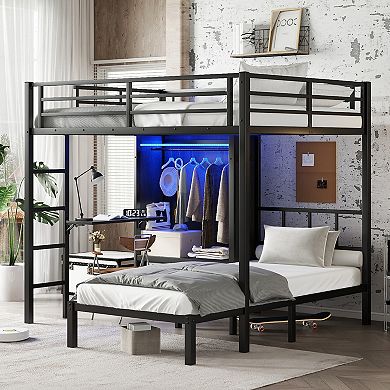 Aoolive Full XL Over Twin Metal Bunk Bed with Folding Desk,Closet with LED,Space-Saving