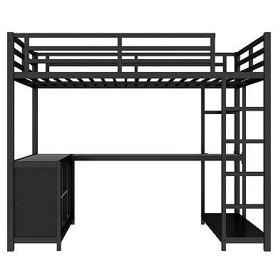 Aoolive Metal Loft Bed with Wardrobe and L-shaped Desk,Full Size Loft Bed with Cubes and Shelves