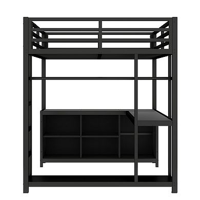 Aoolive Metal Loft Bed with Wardrobe and L-shaped Desk,Full Size Loft Bed with Cubes and Shelves