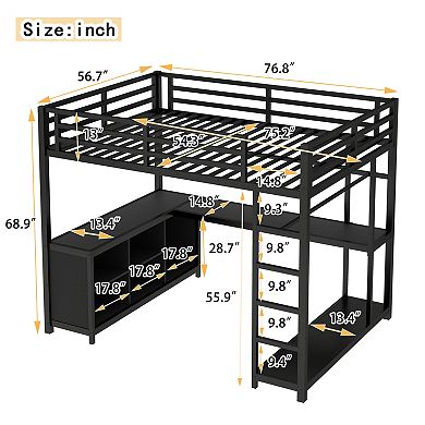 Aoolive Metal Loft Bed with Wardrobe and L-shaped Desk,Full Size Loft Bed with Cubes and Shelves