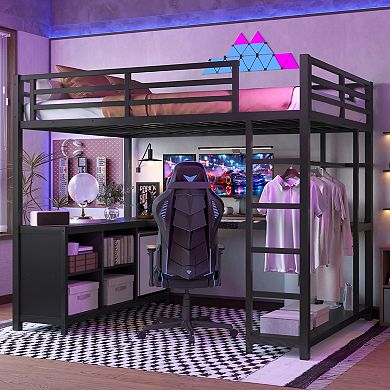 Aoolive Metal Loft Bed with Wardrobe and L-shaped Desk,Full Size Loft Bed with Cubes and Shelves