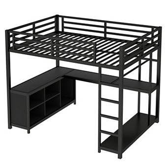 Aoolive Metal Loft Bed with Wardrobe and L-shaped Desk,Full Size Loft Bed with Cubes and Shelves