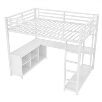 Aoolive Metal Loft Bed with Wardrobe and L-shaped Desk,Full Size Loft Bed with Cubes and Shelves