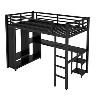 Aoolive Twin XL Size Loft Bed with Built-in Wardrobe, Metal Loft Bed with Desk and Storage Shelves
