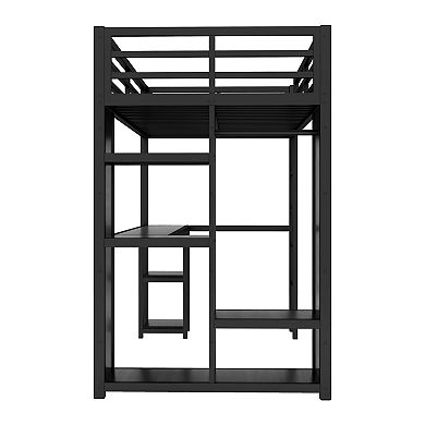 Aoolive Twin XL Size Loft Bed with Built-in Wardrobe, Metal Loft Bed with Desk and Storage Shelves