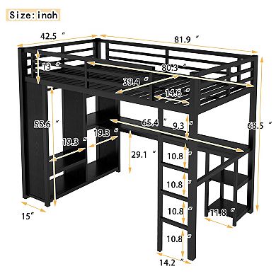 Aoolive Twin XL Size Loft Bed with Built-in Wardrobe, Metal Loft Bed with Desk and Storage Shelves