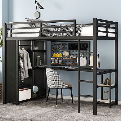 Aoolive Twin XL Size Loft Bed with Built-in Wardrobe, Metal Loft Bed with Desk and Storage Shelves