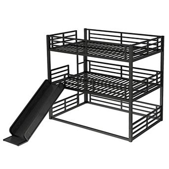 Aoolive Full over Full over Full Bunk Bed with Slide, Metal Triple Bunk Bed with Safety Guardrails
