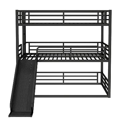 Aoolive Full over Full over Full Bunk Bed with Slide, Metal Triple Bunk Bed with Safety Guardrails
