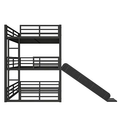 Aoolive Full over Full over Full Bunk Bed with Slide, Metal Triple Bunk Bed with Safety Guardrails