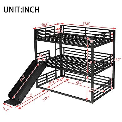Aoolive Full over Full over Full Bunk Bed with Slide, Metal Triple Bunk Bed with Safety Guardrails