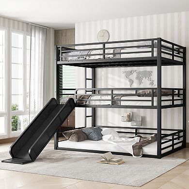 Aoolive Full over Full over Full Bunk Bed with Slide, Metal Triple Bunk Bed with Safety Guardrails