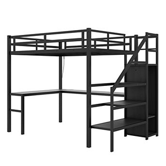 Aoolive Twin XL Size Loft Bed with L-shaped Desk and USB,Metal Loft Bed with Wardrobe and LED