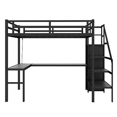 Aoolive Twin XL Size Loft Bed with L-shaped Desk and USB,Metal Loft Bed with Wardrobe and LED
