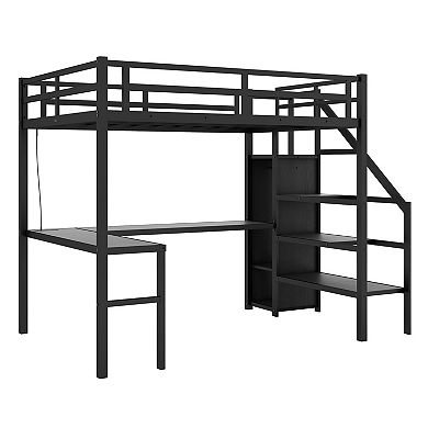 Aoolive Twin XL Size Loft Bed with L-shaped Desk and USB,Metal Loft Bed with Wardrobe and LED