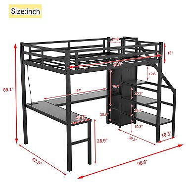 Aoolive Twin XL Size Loft Bed with L-shaped Desk and USB,Metal Loft Bed with Wardrobe and LED