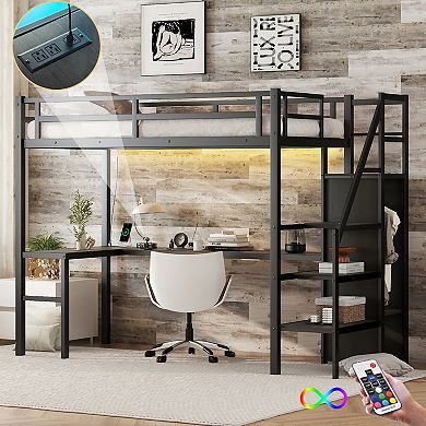 Aoolive Twin XL Size Loft Bed with L-shaped Desk and USB,Metal Loft Bed with Wardrobe and LED