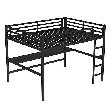 Aoolive Metal Queen Size Loft Bed with Power Outlet and LED Lighted, Space-Saving, Noise Reduced