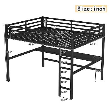 Aoolive Metal Queen Size Loft Bed with Power Outlet and LED Lighted, Space-Saving, Noise Reduced
