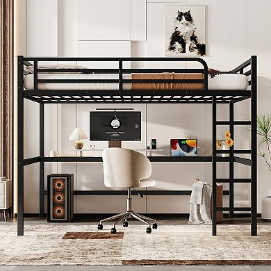 Aoolive Metal Queen Size Loft Bed with Power Outlet and LED Lighted, Space-Saving, Noise Reduced