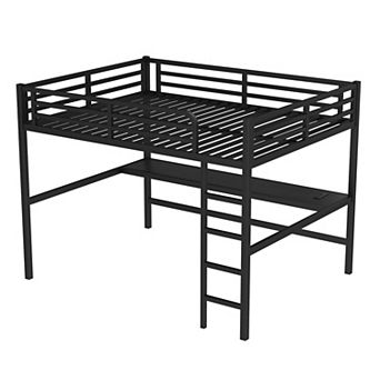 Aoolive Metal Queen Size Loft Bed with Power Outlet and LED Lighted, Space-Saving, Noise Reduced