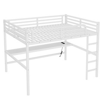 Aoolive Metal Queen Size Loft Bed with Power Outlet and LED Lighted, Space-Saving, Noise Reduced