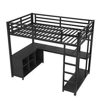 Aoolive Metal Loft Bed with Wardrobe and L-shaped Desk,Twin Size Loft Bed with Cubes and Shelves